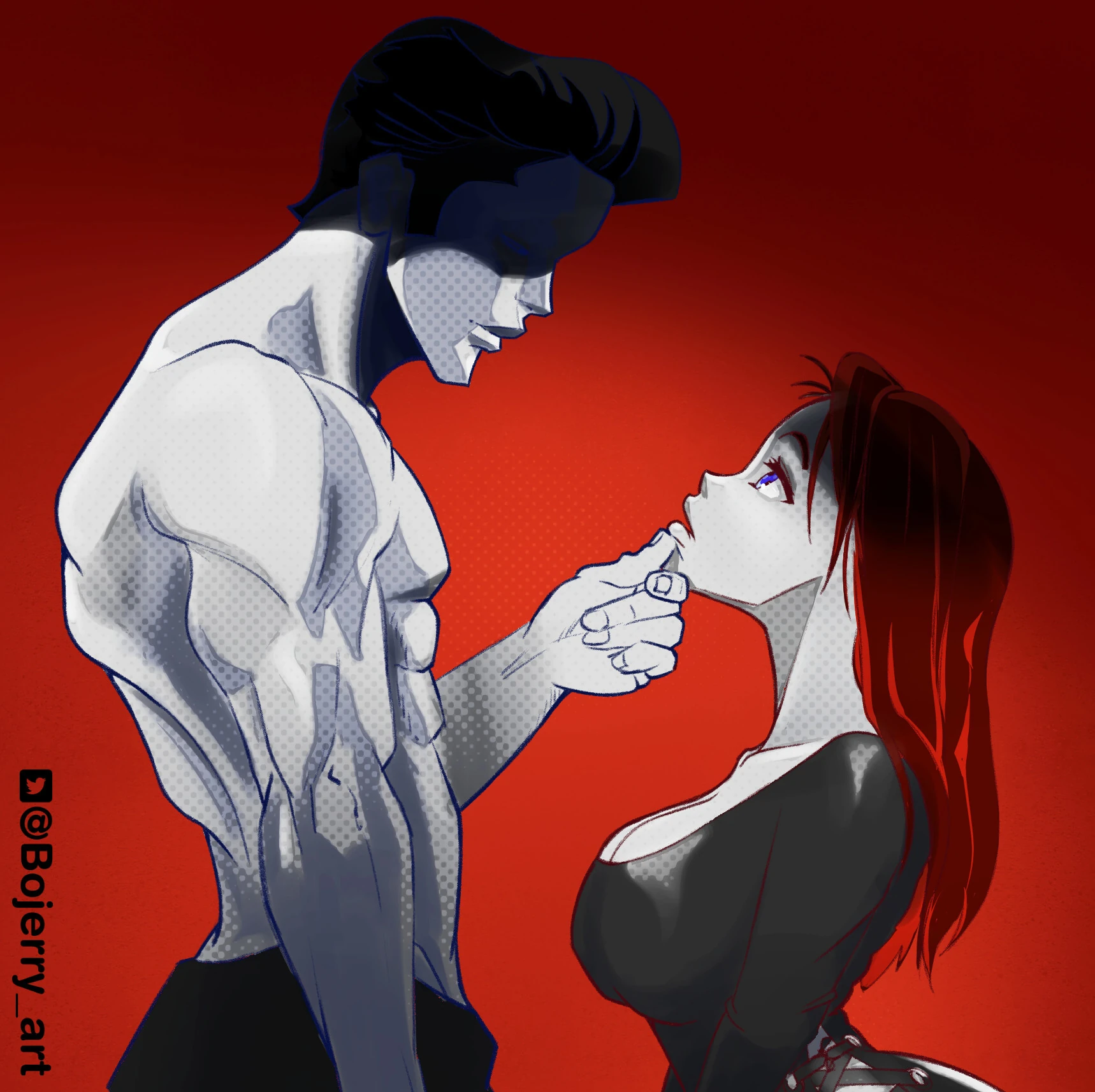 Size difference experiment featuring a muscular shirtless man and a smaller red-haired woman in a low-cut top, exploring themes of dominance and submission