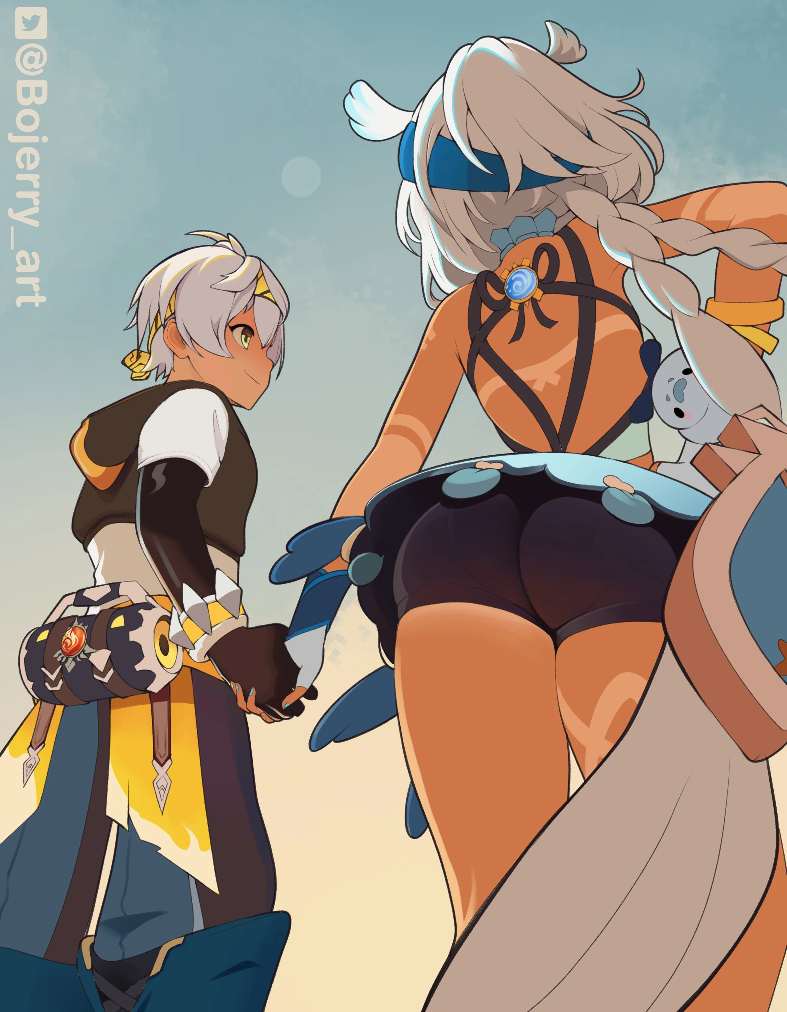 Mualani and Bennett from Genshin Impact, low‑angle upskirt shot with her ass in focus as they walk the summer resort boardwalk. Bennett wears his new Natlan styled outfit with lake-blue pants.