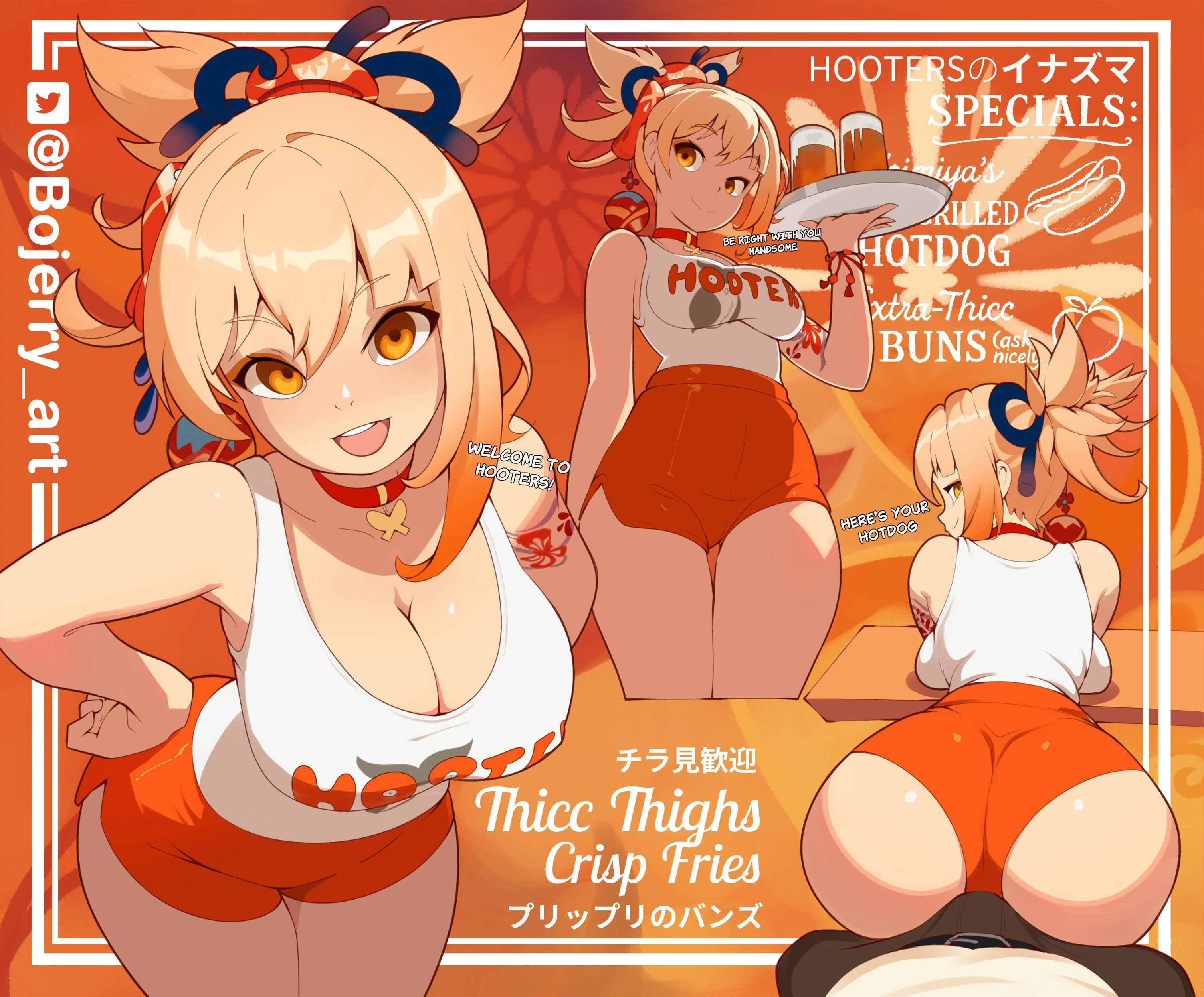 Fanart of Yoimiya from Genshin Impact in a skimpy Hooters uniform. She’s shown in three poses: playful cleavage-forward greeting, confident server with drinks, and a full rear-view shot delivering a “hotdog” with her thick peachy ass front and center. Bright orange palette with cheeky slogans like “Thicc Thighs, Crisp Fries” and a parody specials board. Big boobs, big butt, big energy. Hooters parody, anime style. By Bojerry_Art.