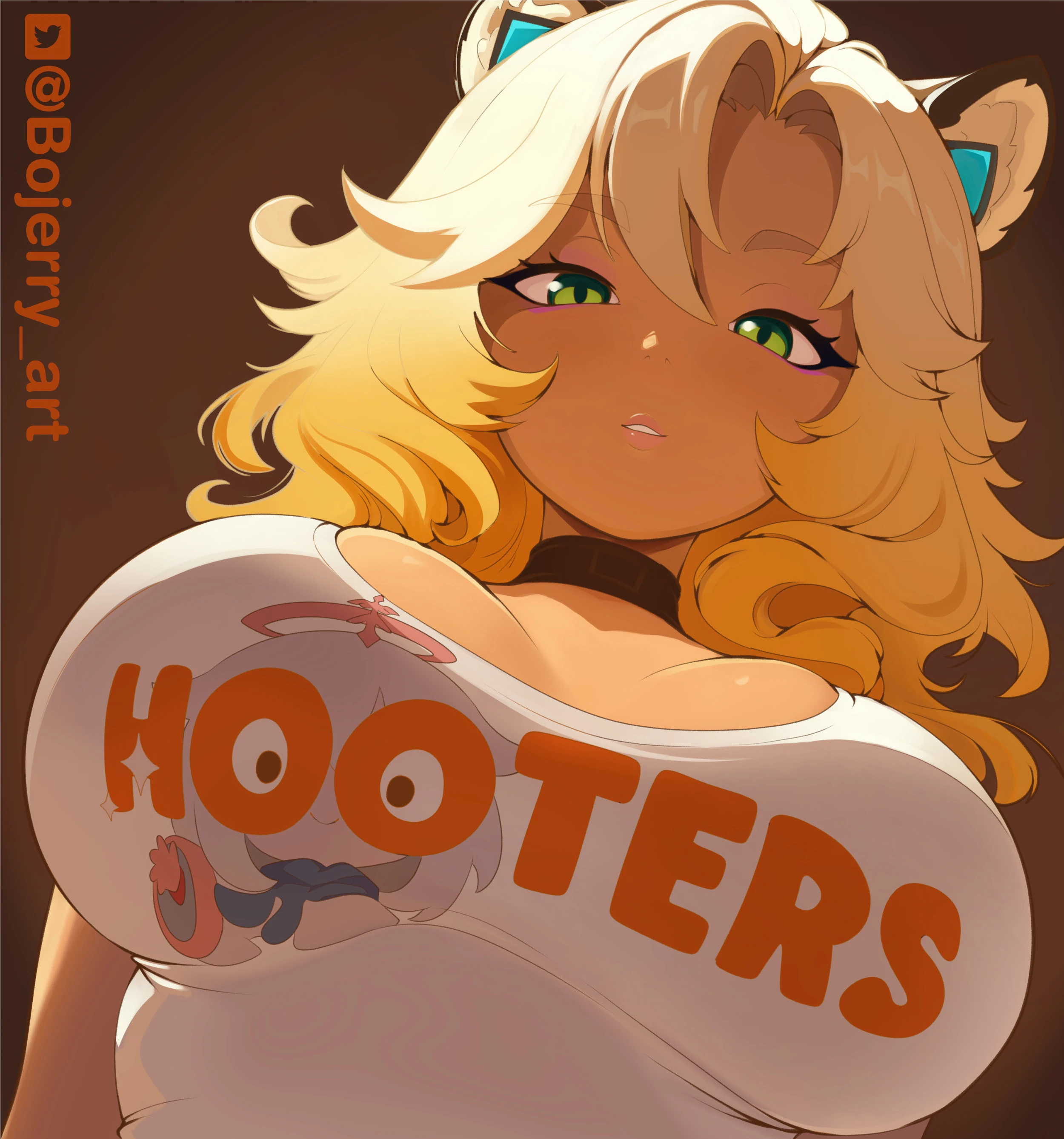 Xilonen (Genshin Impact) in a skin-tight Hooters shirt, seen from a low angle with the focus on her breasts and the stretched fabric. The Hooters logo stretched across the shirt has Paimon’s face replacing the classic owl—her eyes peeking through the double O’s. Big boobs, parody branding, and shirt tension all the way.