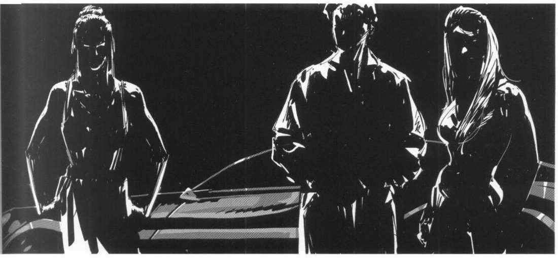 Three figures standing in front of a car at night, drawn almost entirely in black and defined by thin edges of light.