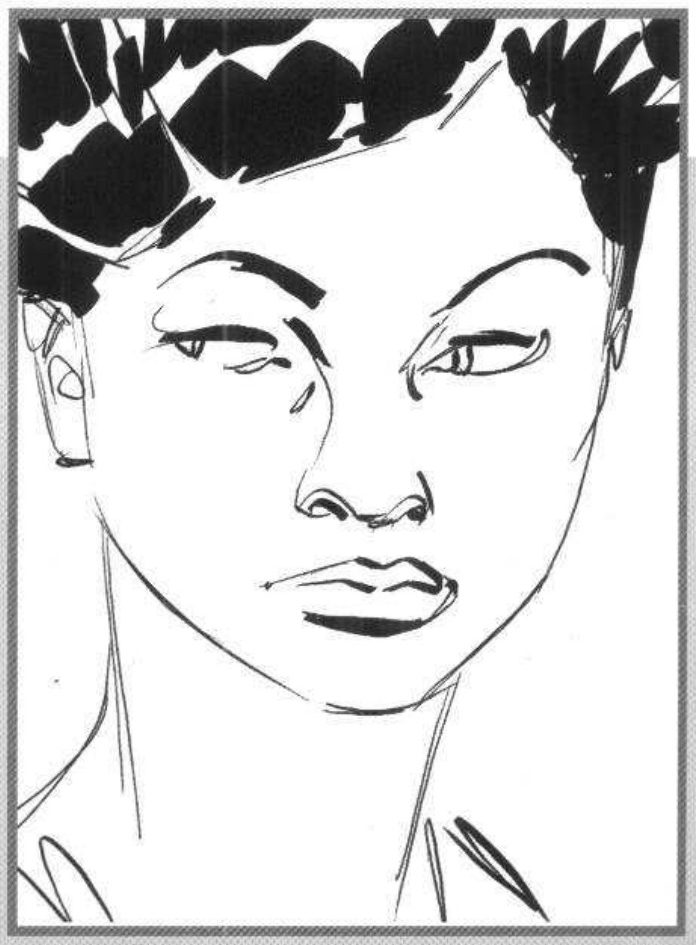 A frontal line drawing of a woman's head with short dark hair, almost no fill.