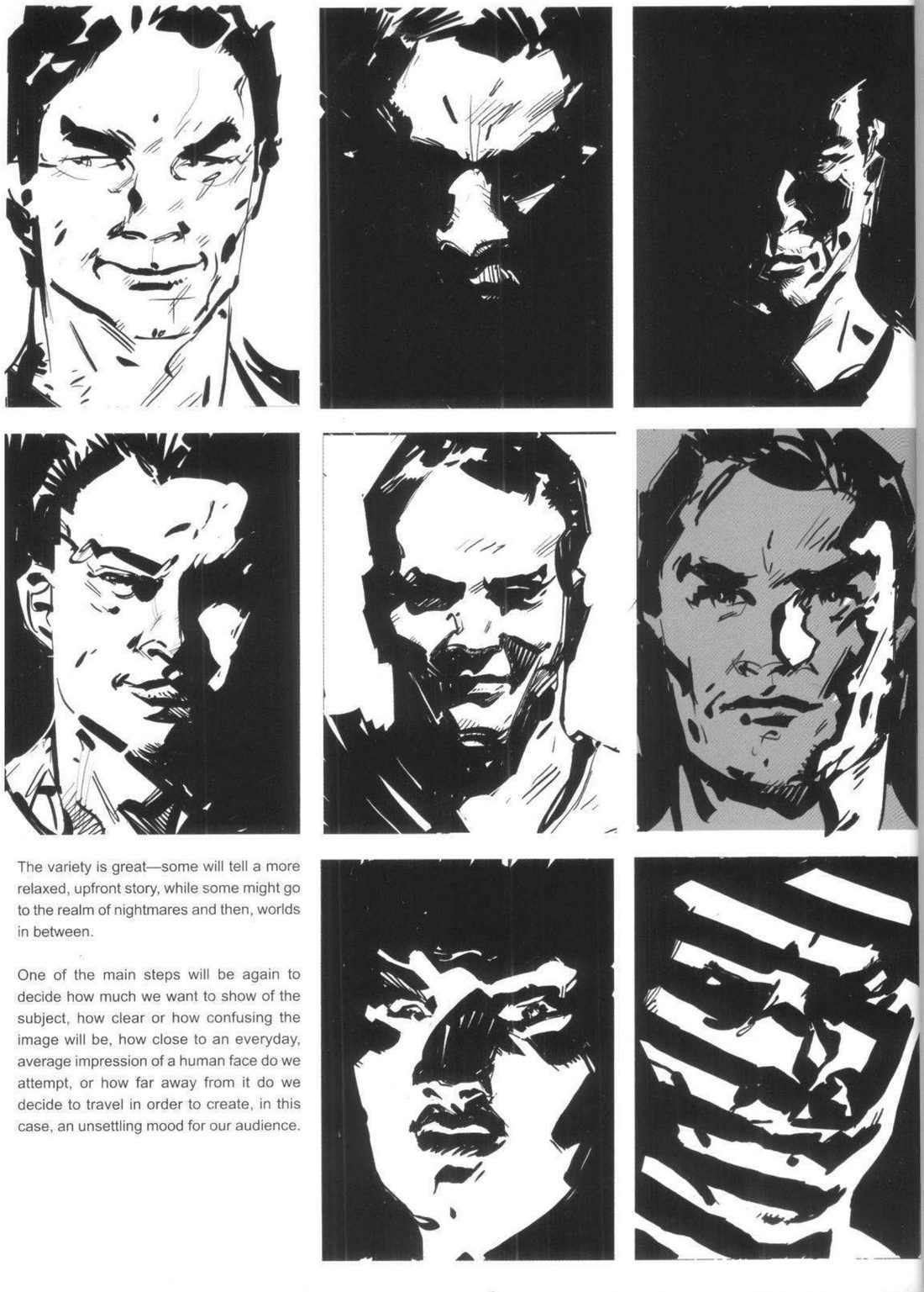 A grid of eight black-and-white brush studies of a man's head under different light, with a text block in the bottom-left cell.