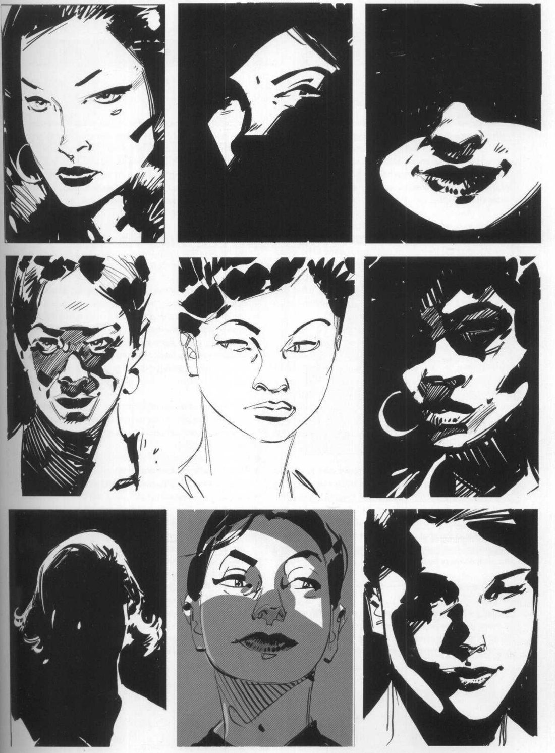 A three-by-three grid of a woman's head. The centre cell is the plain line drawing from p.21; the eight cells around it are lit in different ways, from mostly white to near silhouette.