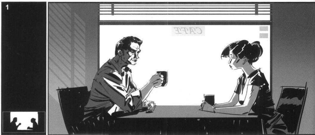 Panel 1: a man and a woman at a cafe table in front of a bright window, nothing between them. A small black-and-white mass thumbnail at bottom left.