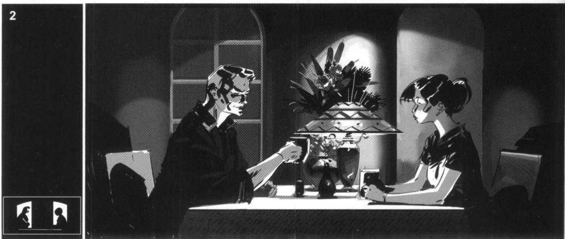 Panel 2: the same couple with a lamp and a vase of flowers between them, each against a separate arched background.