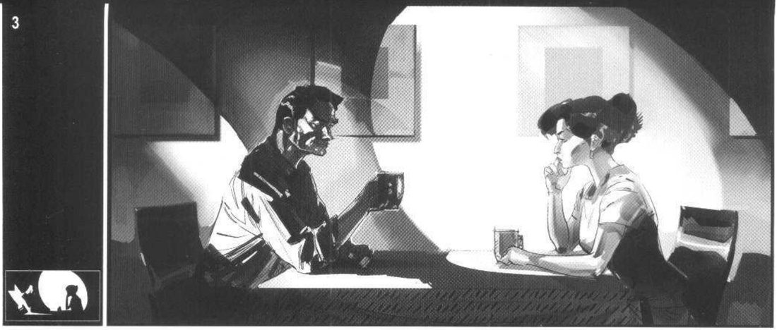 Panel 3: the woman inside a large round pool of light; the man mostly dark at the edge of it.