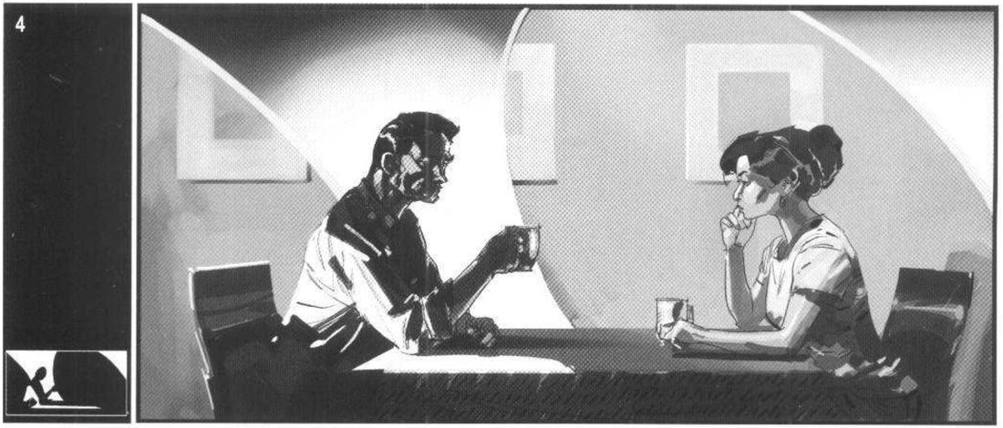 Panel 4: the man in a white shirt with hard black shadows against a pale curved shape; the woman in mid-grey.