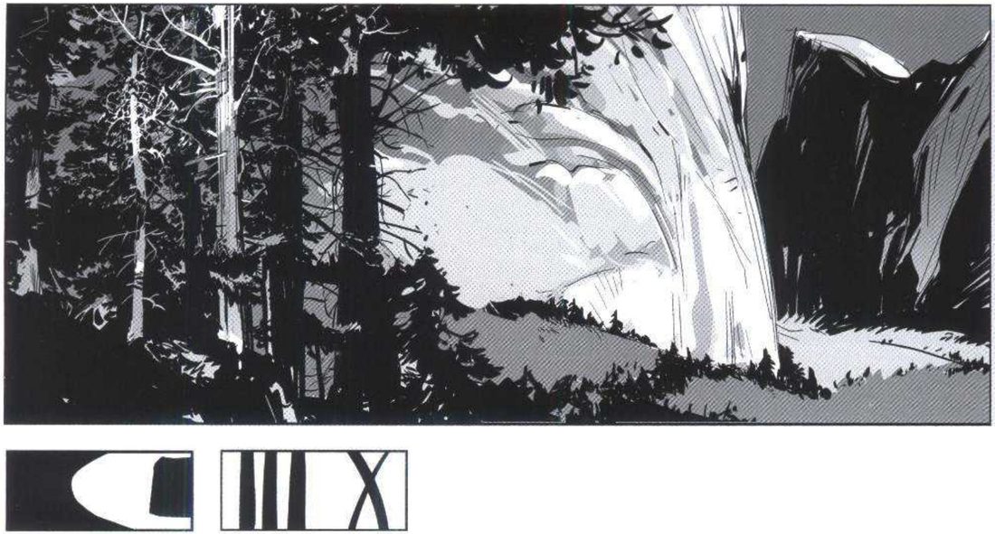 A forest valley by day with a pale cliff face and a dark rock on the right. Below, a black-and-white mass thumbnail and a thumbnail of vertical bars and an X.