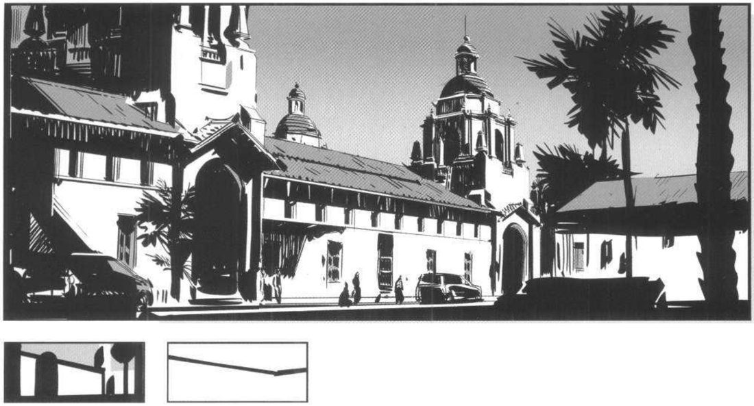 A sunlit street of white mission-style buildings with domes and palm trees. Below, a mass thumbnail and a line thumbnail.