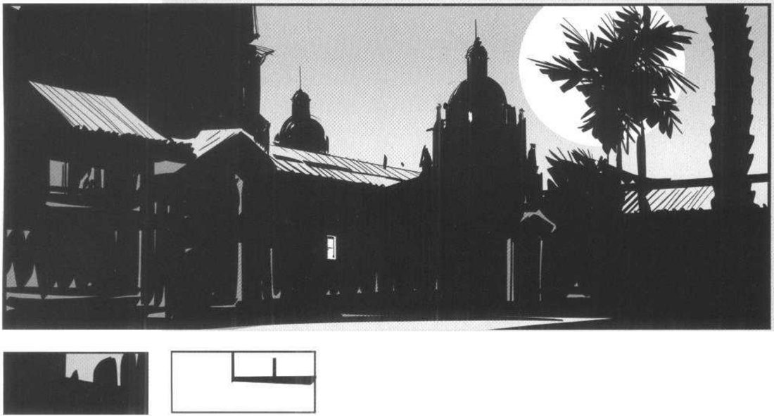 The same street at night: buildings as flat black shapes against the same grey sky, a large full moon behind a palm, one small lit window.