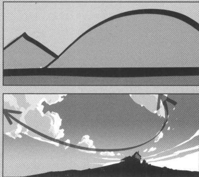 Two grey panels. Top: a sharp triangular mountain beside a large smooth curved hill, outlined in a thick dark line. Bottom: a cloudy sky with a curved arrow sweeping across and down to a small house on a hill.