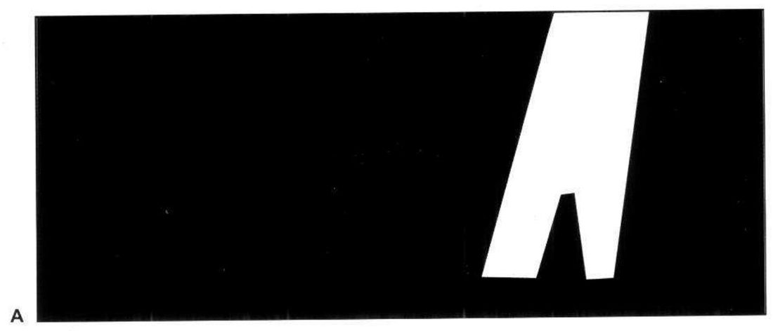 A wide black rectangle labelled A, with a tall white tilted shape on the right that splits into two legs at the bottom, like an inverted V.