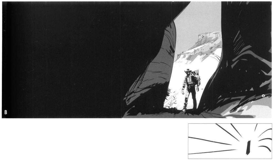 Example B: dark canyon walls fill the frame, with a small cowboy walking in a lit gap on the right. Below, a line thumbnail with strokes converging on a small vertical mark.