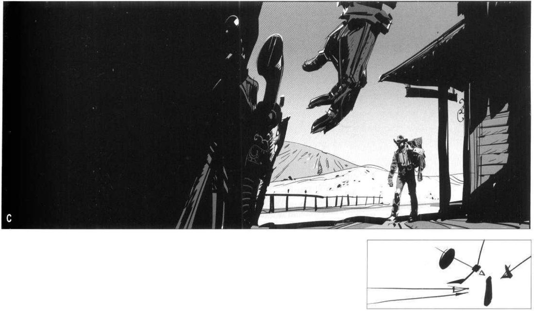 Example C: a holstered pistol butt and a gloved hand in black foreground on the left, a porch on the right, the cowboy small in the lit gap. Below, a line thumbnail with arrows and a dot-to-dot line from the pistol butt through the knuckles to the cowboy.