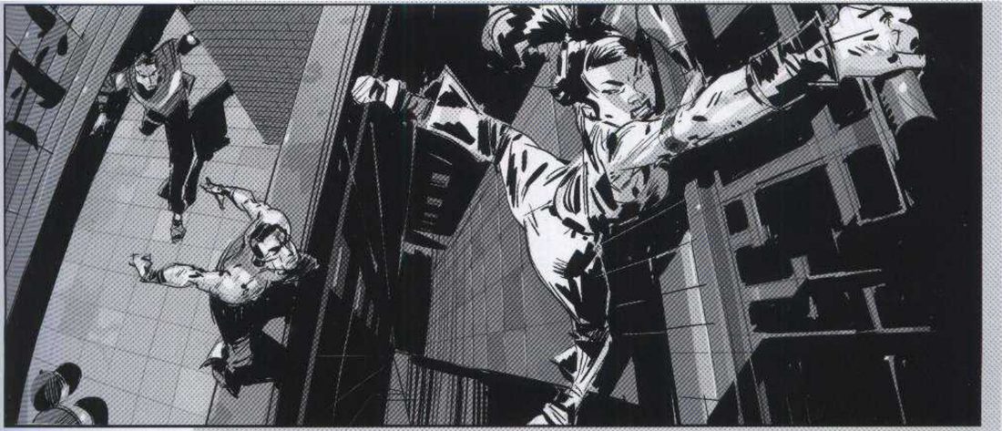A steep downshot of a street chase between tall buildings: two running men lower left, a woman leaping across the upper right.