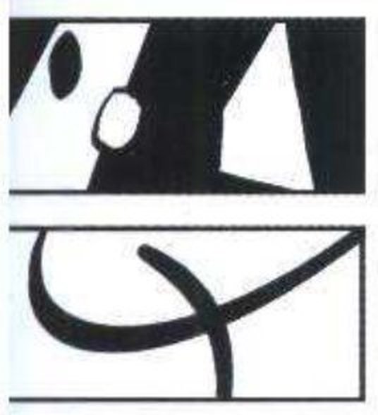 Two small thumbnails. Top: black and white masses with three white head-like shapes. Bottom: a thick U-shaped curve with a second curve crossing it.