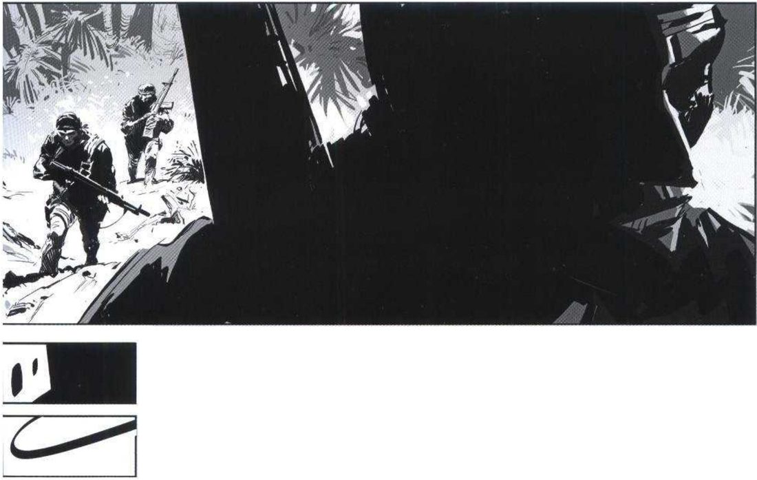 A large dark foreground soldier fills most of a wide frame, with two smaller soldiers in a lit jungle on the left. Below, a mass thumbnail and a line thumbnail with a U-shaped swoosh.