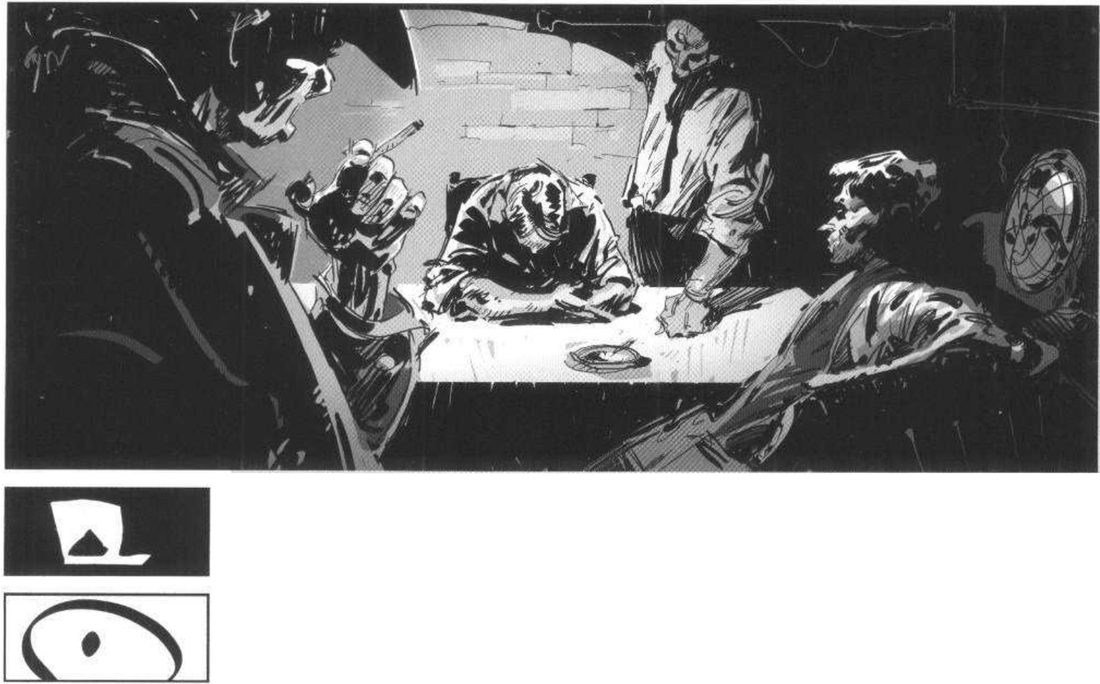 A slumped man at a lit table in the centre, surrounded by standing and seated men in shadow; below, a mass thumbnail of a light frame with a dark triangle and a line thumbnail of an ellipse around a dot.