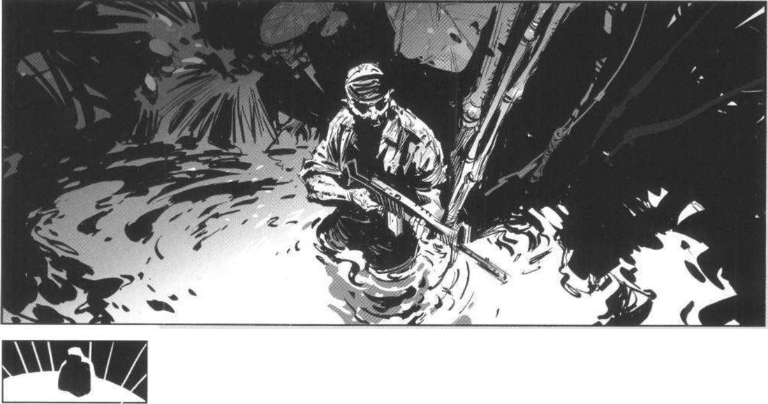 A soldier waist-deep in swamp water seen from high above, surrounded by dark leaves and bamboo; below, a thumbnail of a dark figure with radiating lines.