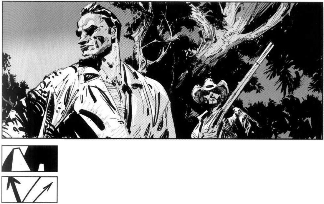 A low view of a large adventurer in the foreground looking left, with a smaller hunter holding a rifle behind him under a tree; below, a mass thumbnail and a thumbnail with opposed arrows.