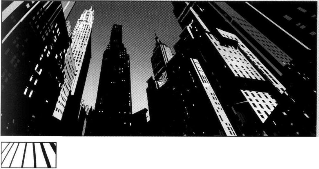 Skyscrapers seen from street level, converging upwards; below, a thumbnail of converging vertical bars.