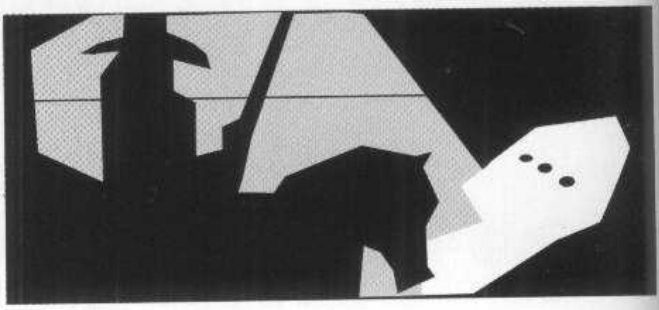 A two-value abstract: a black mass for cowboy and horse, a vertical rifle line, a thin horizon line, and a pale slope band with three black dots.