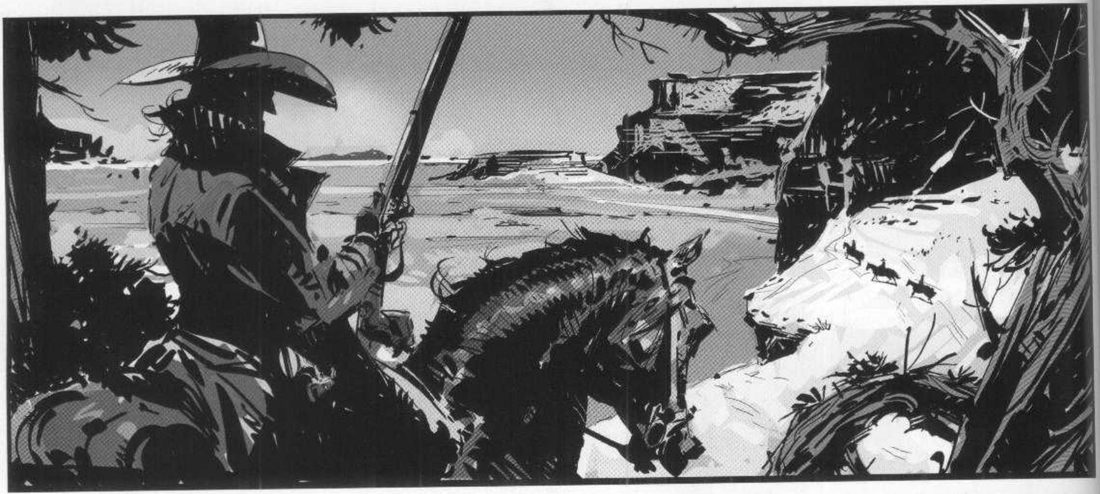 A cowboy on horseback seen from behind at left, rifle raised, framed by dark foliage, with three tiny riders on a pale slope at right and mesas behind.