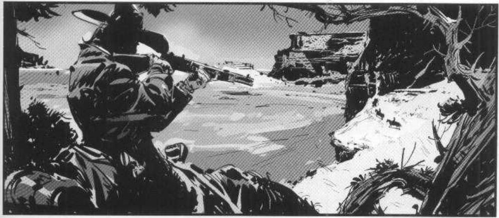 The master angle again: the cowboy from behind with the rifle now levelled at the distant riders.