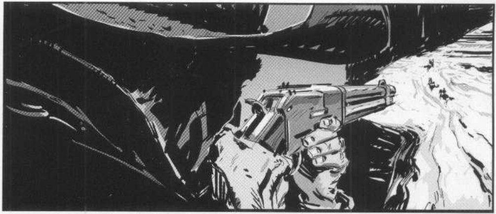 Over the shoulder: the dark hat brim at top, hands and rifle aimed across the frame, tiny riders at far right.