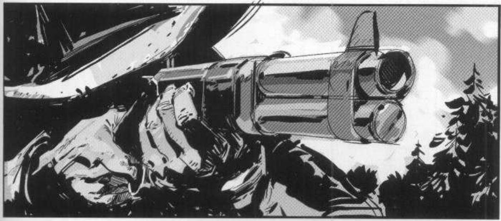 A low frontal view straight into a double barrel, hands on the gun, hat brim and trees behind.