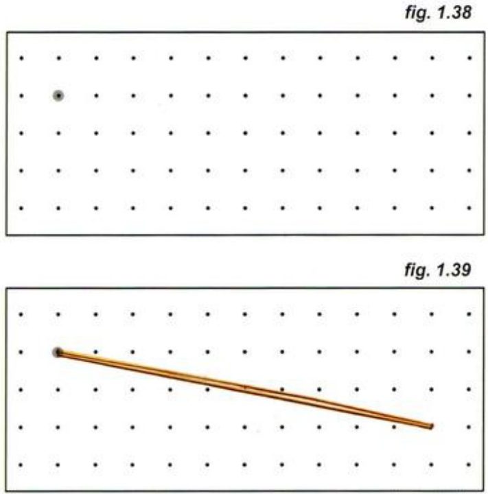 Two dot-grid frames: the top has one highlighted dot near the top left; the bottom has an orange band stretched from that dot down to the right.