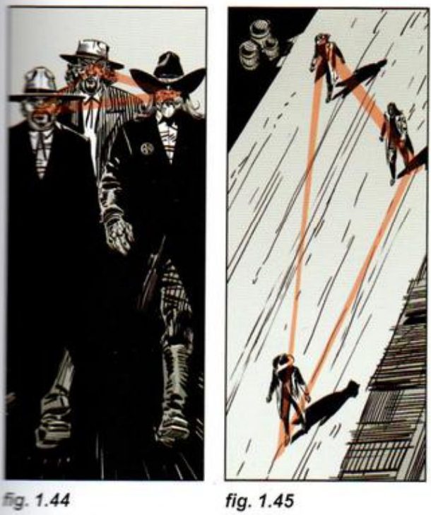 Left: three cowboys walking towards camera, close together, joined by an orange triangle. Right: three small figures seen from high above on a pale street, joined by a long stretched orange triangle.