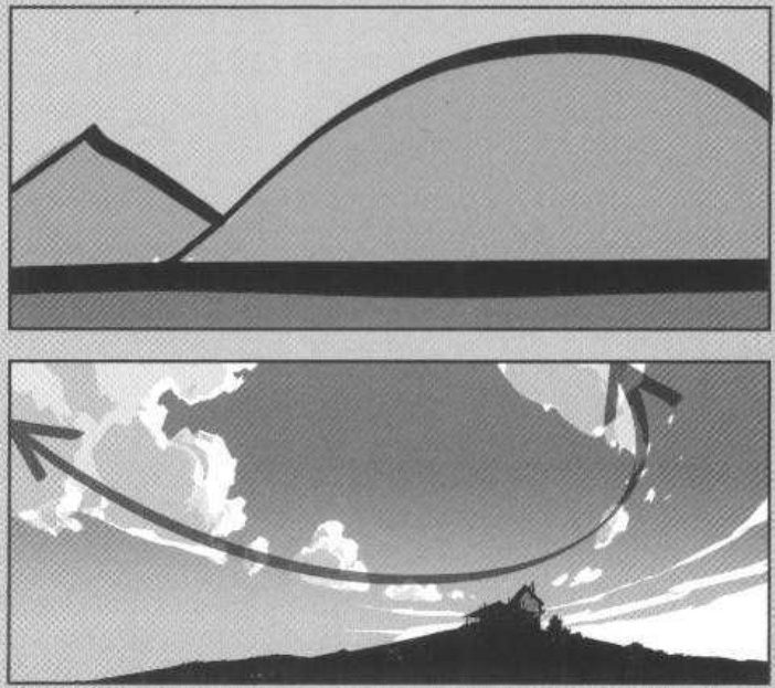 Top: a sharp triangular mountain beside a large smooth curved hill. Bottom: a cloudy sky with a curved arrow sweeping across and down to a small house on a hill.