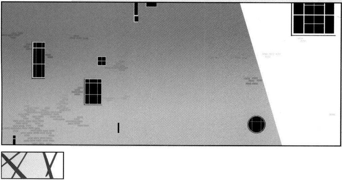 A grey wall with a few odd windows of different sizes, a round window and a diagonal light area; below, a thumbnail of crossing irregular lines.