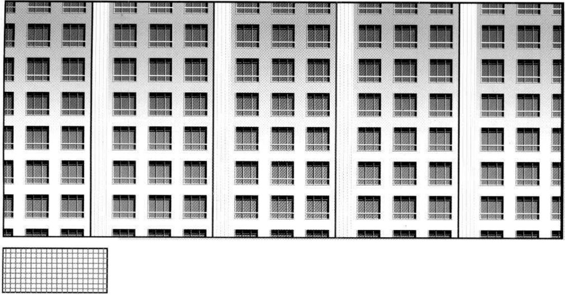 A flat frontal facade with a strict grid of identical windows; below, a thumbnail of a fine grid.
