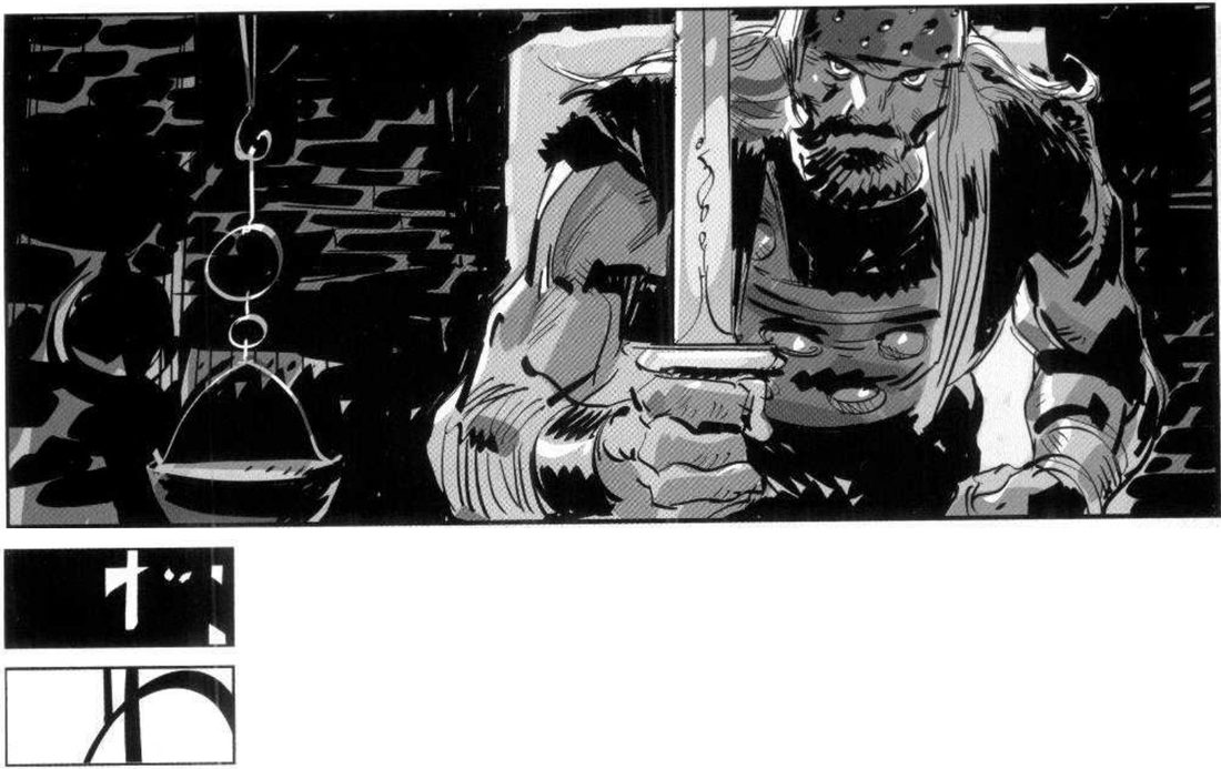 A huge warrior in a helmet filling the right of the frame, cropped by its edges, gripping a sword, with a hanging pot and a brick wall at left; below, a mass thumbnail and a line thumbnail.