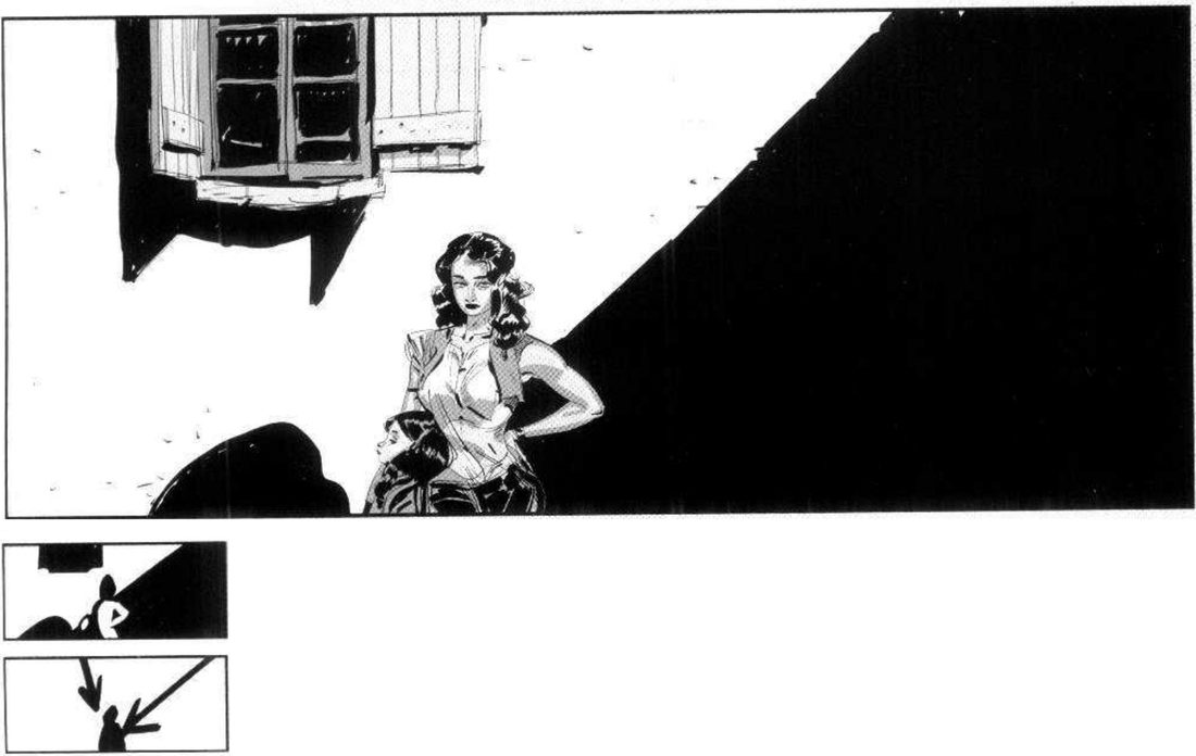 Two women low in the frame under a window, with a huge black diagonal shadow on the right; below, a mass thumbnail and a line thumbnail with two arrows pressing down.