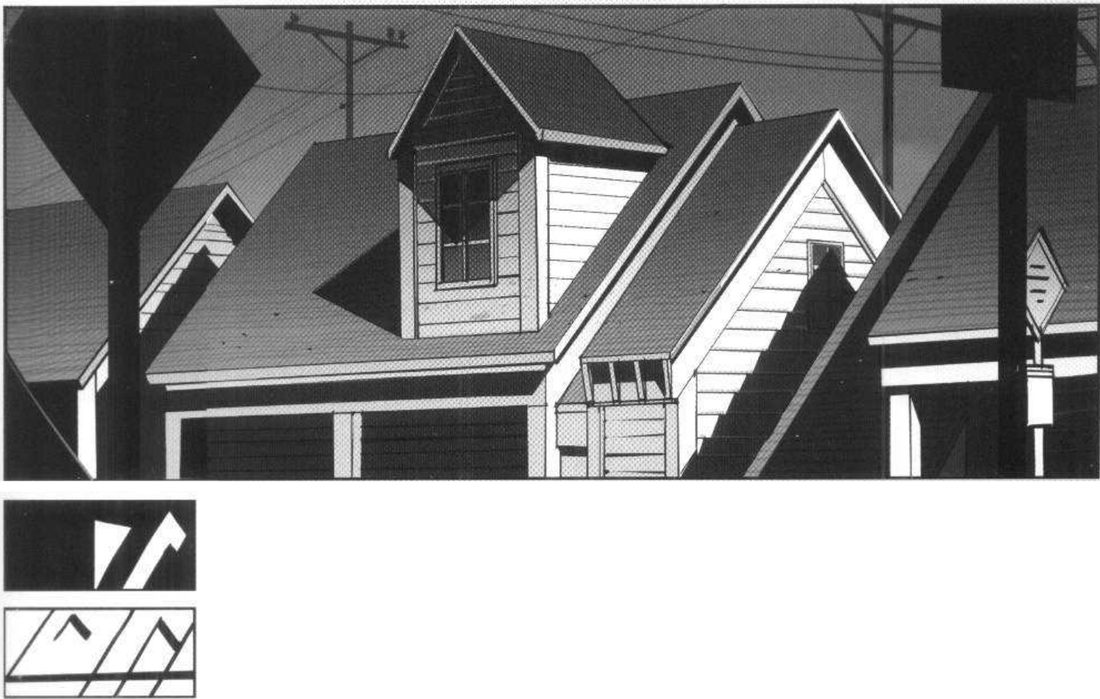 Steep gabled roofs, a dormer, telegraph poles and a road sign; below, a mass thumbnail and a line thumbnail of zigzag diagonals.