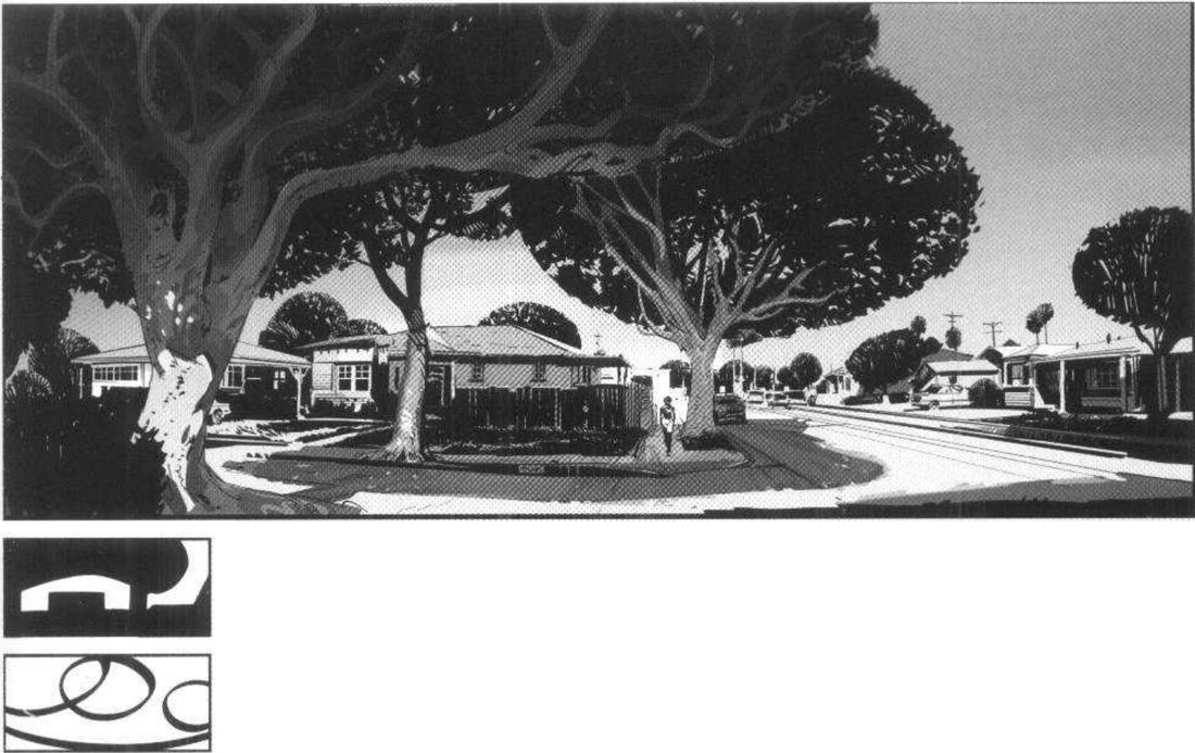 A suburban street under big arching tree canopies, low houses behind; below, a mass thumbnail and a line thumbnail of loops and arcs.