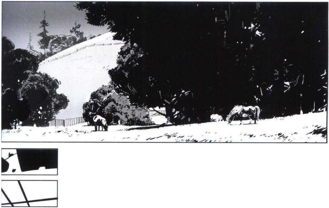 A calm farm: a huge dark tree mass at right, smaller trees at left, a pale hill behind, and small grazing horses; below, a mass thumbnail and a line thumbnail of crossing straight lines.