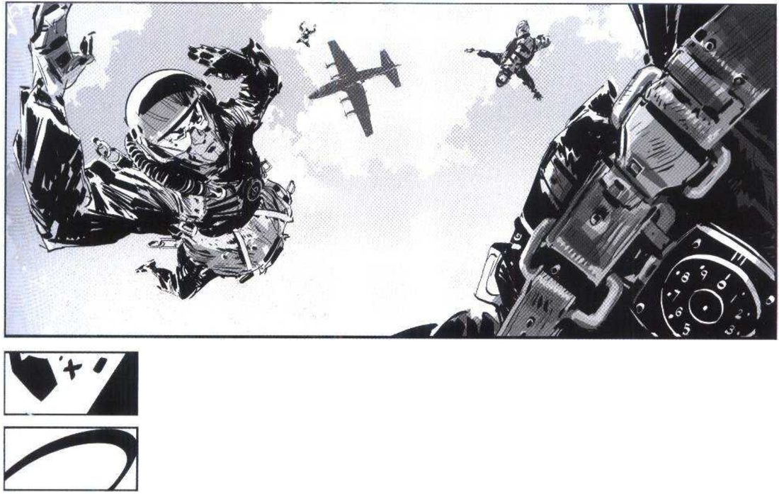 A paratrooper in a helmet in free fall at left, a plane and two small jumpers in the sky, and a huge strap and dial in the right foreground; below, a mass thumbnail and a line thumbnail of a curve.