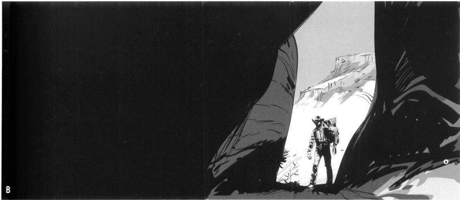 A small cowboy walks through a lit gap between huge dark rock masses.