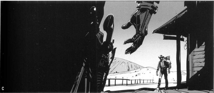 A gun butt and a gloved hand in dark foreground, a porch on the right, a small cowboy in the lit gap.