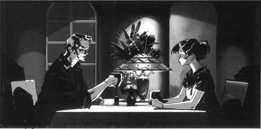 The same couple with a lamp and flower vase between them and arched shapes behind each.