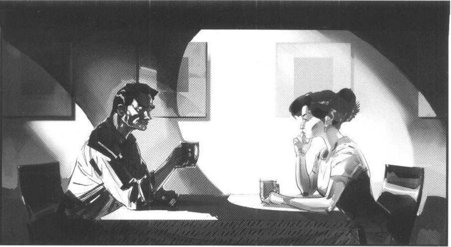 The same couple: the man in shadow, the woman inside a big round pool of light.