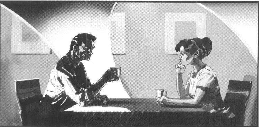 The same couple: the man in a white shirt against a light curved shape, the woman in mid-grey.