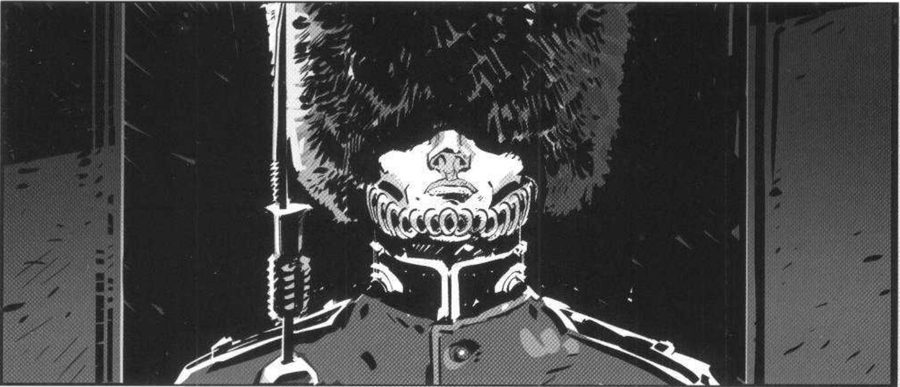 A frontal ceremonial guard in a tall fur hat with a bayonet rifle, between two door edges.