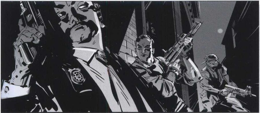 Three armed agents in a dark room, guns raised at different heights.