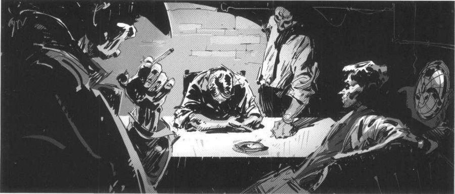 A high view of a slumped man at a lit table, surrounded by standing and seated figures.